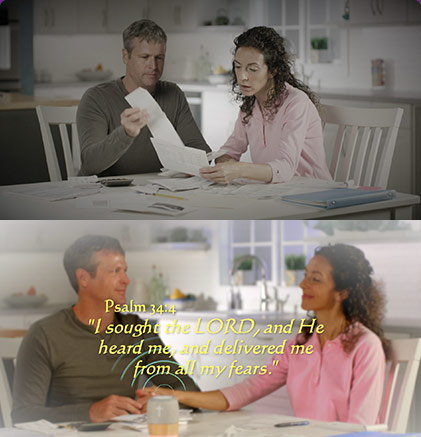 Couple going from stress to enlightened listening to My MoodBible™ at the dinner table